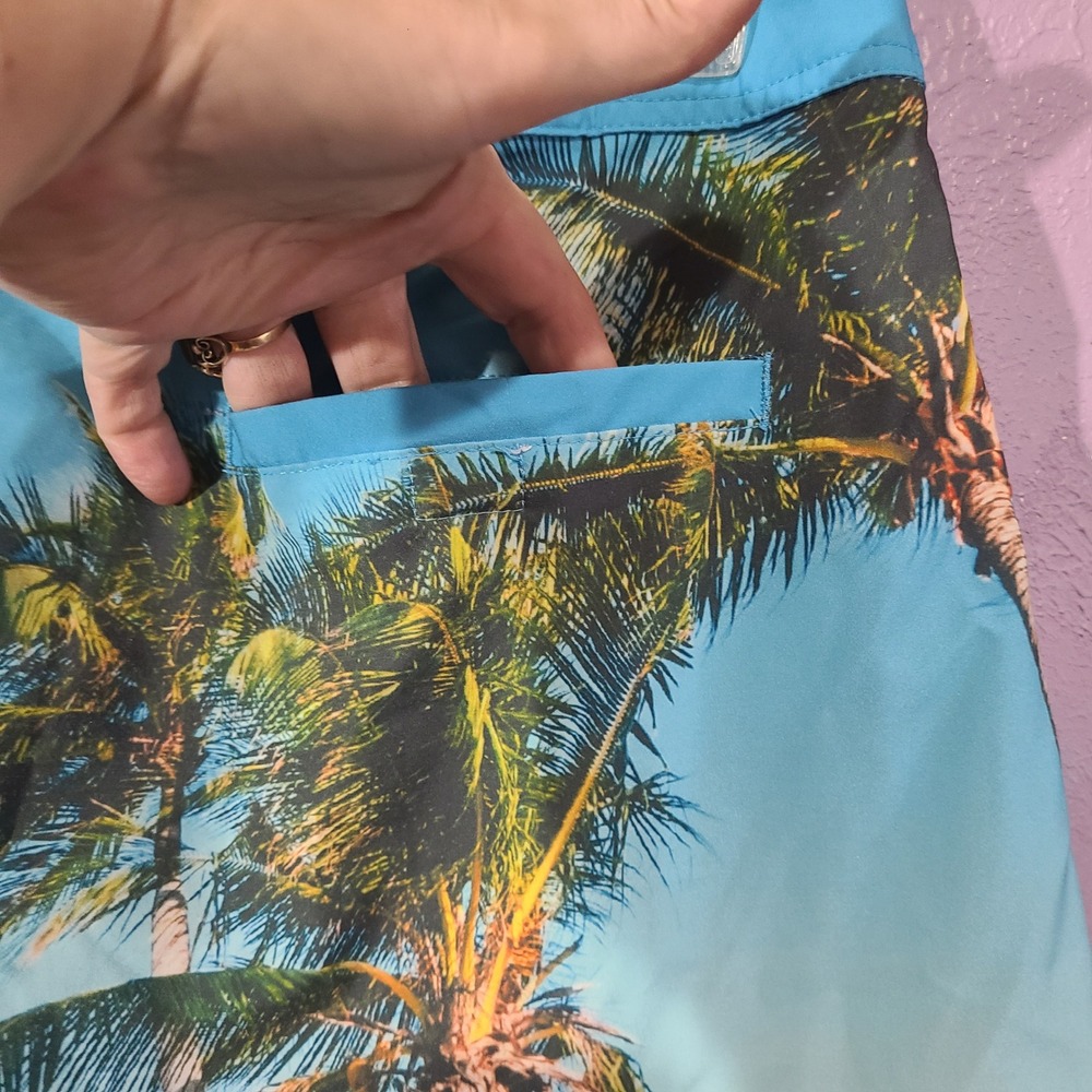 UZZI Mens Swim Trunks Board Shorts Palm Tree‎ Surf Van Graphic Blue Size L - Picture 5 of 8